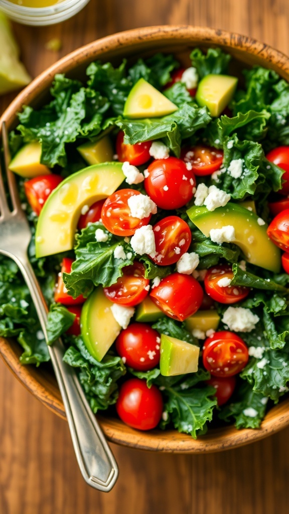 A colorful kale salad with avocado, cherry tomatoes, and feta cheese on a wooden table.